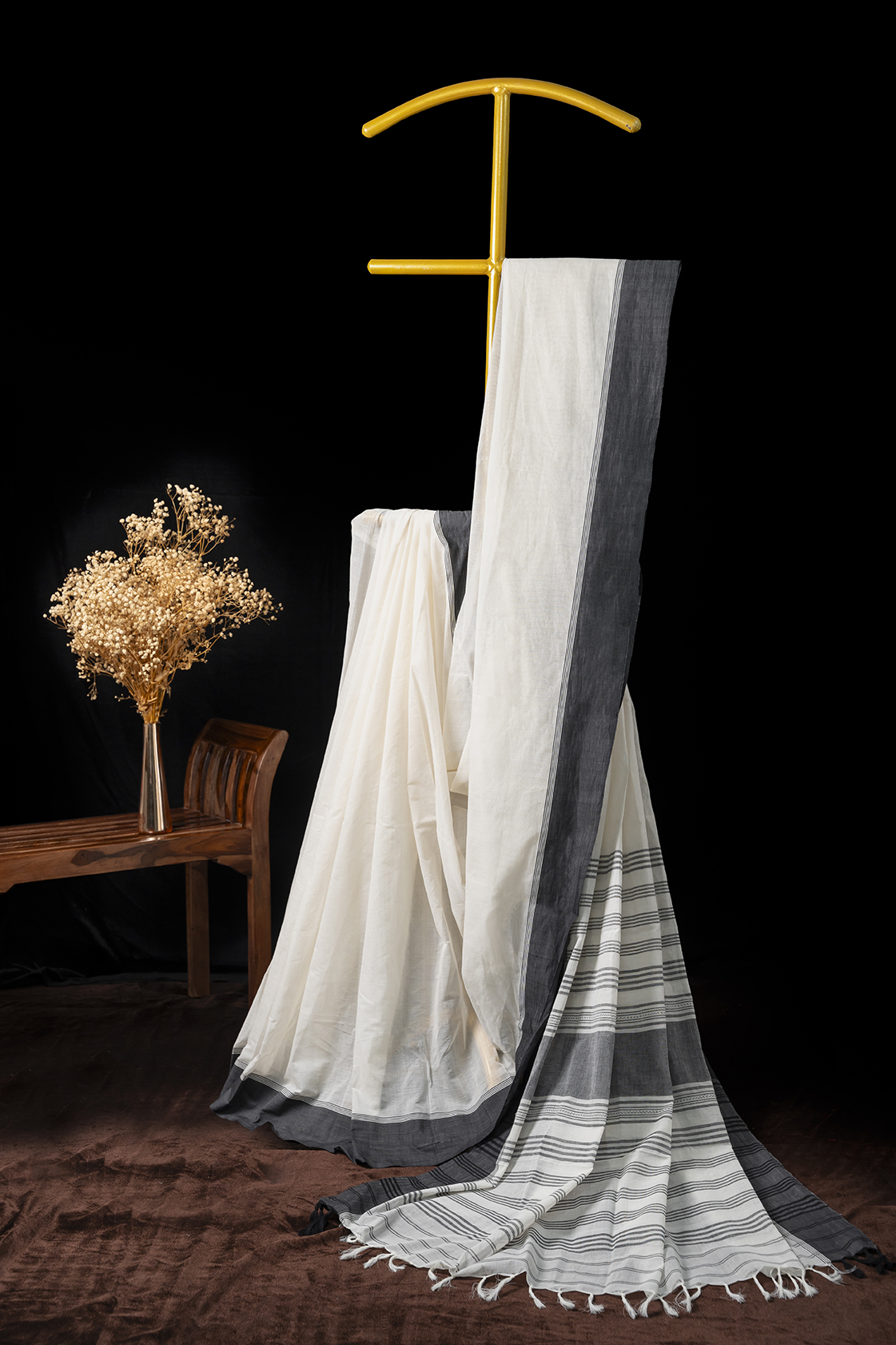 White & Greyish Blue Saree